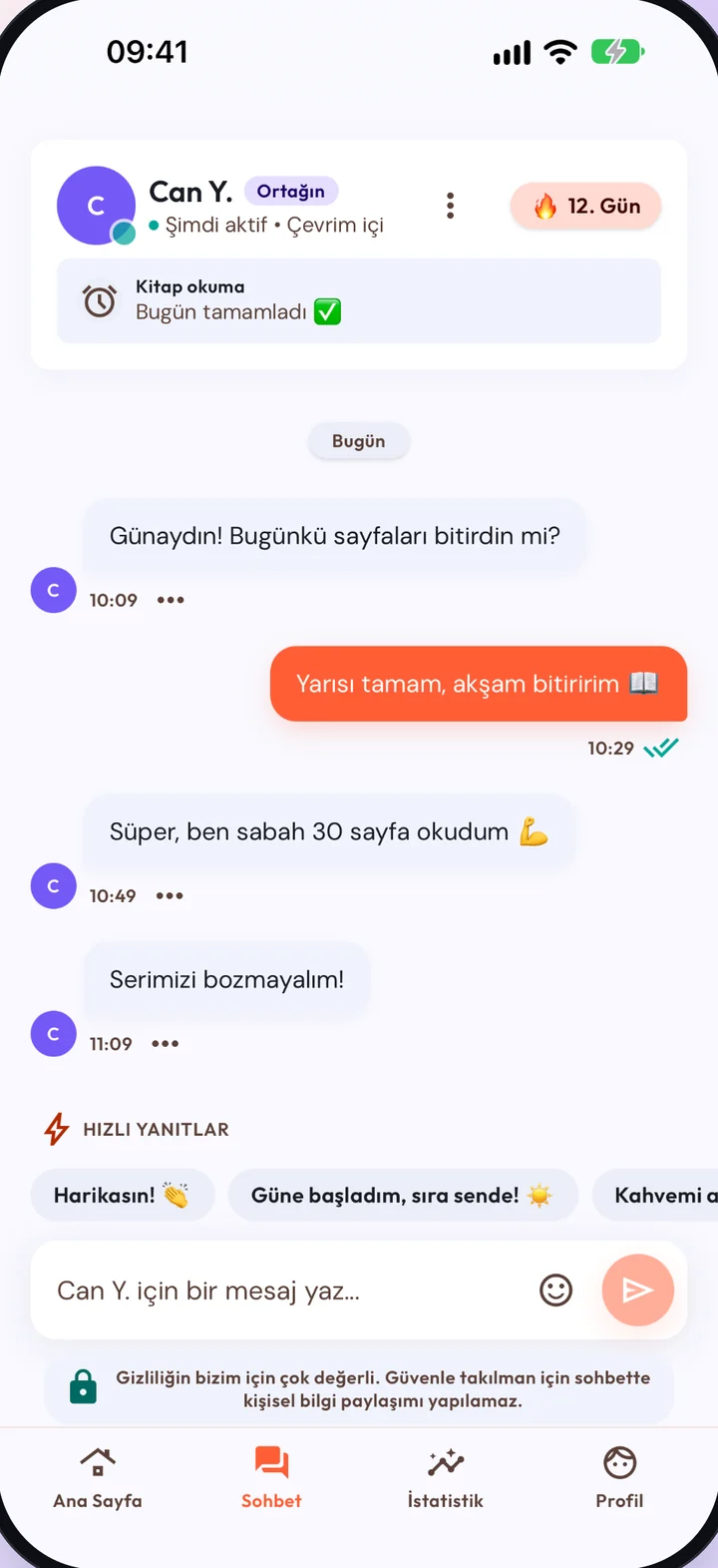 Sohbet ekranı: ortakla kısa mesajlaşma ve hızlı yanıtlar